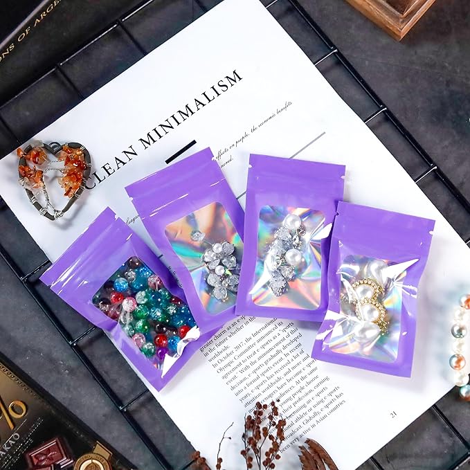 100 Pack Purple Holographic Bags Smell Proof Packaging Bags with Window for Food Storage and Small Business(2.4×4Inch)