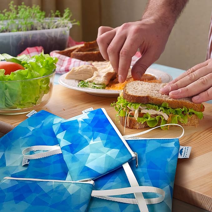 Nordic By Nature Reusable Sandwich Bag Snack Bags - Value Pack of 5 Dual Layer Lunch Baggies - Dishwasher Safe - Eco Friendly Cloth Wraps - Easy Open Zipper (Blue Ice)
