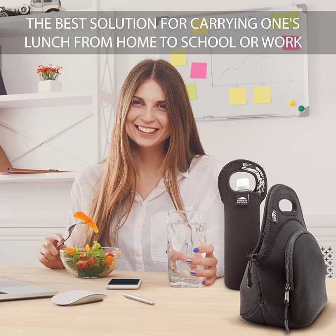 Lunch Bag Set For Women, Men & Kids | Extra Thick 5mm Insulated Neoprene Keeps Your Lunch Box Delicious For Hours | Washable | Water Bottle Sleeve | Extra Pocket | YKK zippers | Skulls