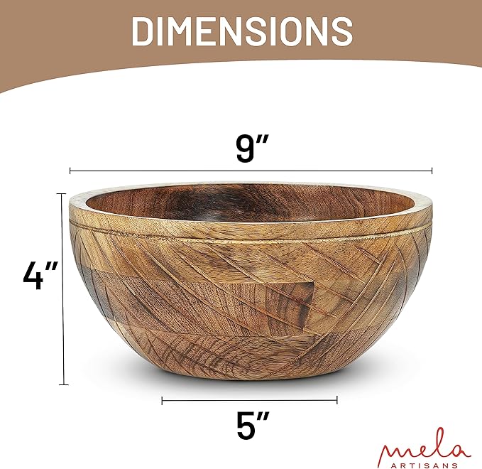 Mela Artisans 9'' Wooden Fruit Bowl, Regular Serving Bowl for Salads, Cereals, Snacks & Mixing | Decorative Bowls for Kitchen | Jai Valley Collection