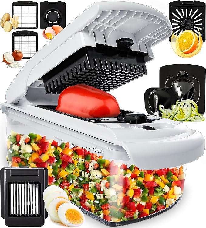 Fullstar Vegetable Chopper and Spiralizer - Food Chopper with Container, Fruit Slicer, Kitchen Gadgets & Accessories, Home Essentials (8 in 1, White)