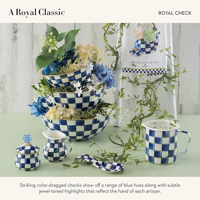 MACKENZIE-CHILDS Enamel Mixing Bowl Set, Small 5-Cup, Medium 10-Cup, and Large 16-Cup Serving Bowls for Entertaining, Set of 3, Blue-and-White Royal Check