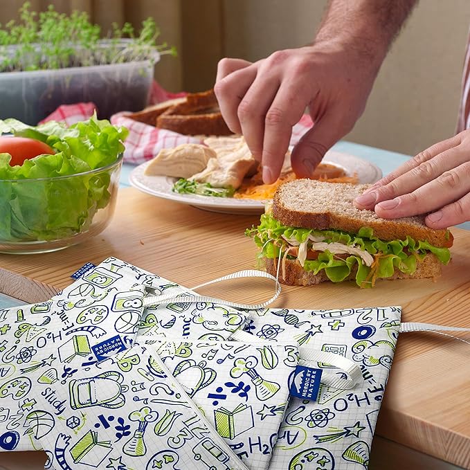 Nordic By Nature Reusable Sandwich Bag Snack Bags - Value Pack of 5 Dual Layer Lunch Baggies - Dishwasher Safe - Eco Friendly Cloth Wraps - Easy Open Zipper (Back to School)