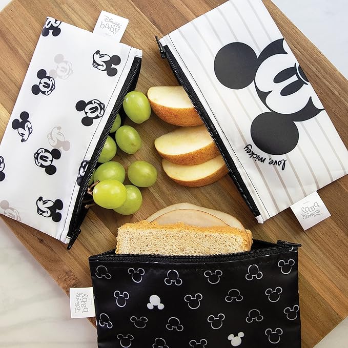 Bumkins Disney Reusable Sandwich and Snack Bags, for Kids School Lunch and for Adults Portion, Washable Fabric, Waterproof Cloth Zip Bag, Travel Pouch, Food-Safe Storage, 3-pk Love, Mickey