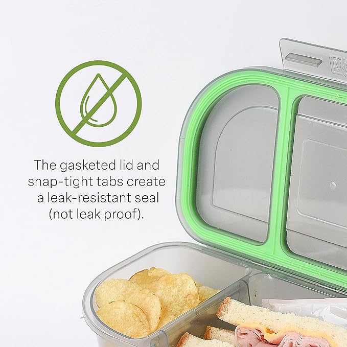 Half-Sized To-Go Divided Compartment Container, 9-1/2" X 5" X 2-1/2", Reusable, Microwave Safe, NSF Certified, Smoke/Green