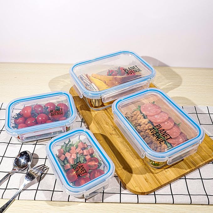 PLANET AVENUE 4-Pc Glass Food Storage Containers Set with Plastic Lids, Airtight, Meal Prep Containers with Leak-Proof Locking Lids, Safe for Microwave, Own Freezer, and Dishwasher, BPA-Free
