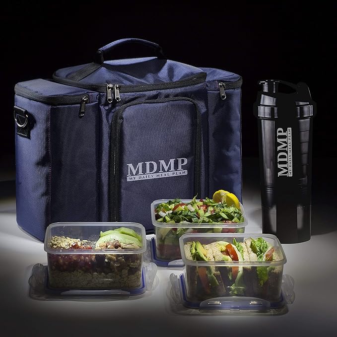 My Daily Meal Plan Navy Blue 45 Oz. Insulated Lunch Bag/Box For Men, Women + 3 Large Food Containers + 2 Big Reusable Ice Packs + Shoulder Strap + Shaker With Storage