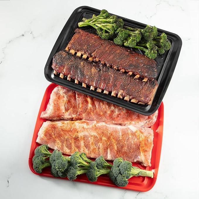 Cuisinart Grilling Prep and Serve Trays, 18.1x10.5 inch Large BBQ Trays Safe for Food Handling, 2 Dishwasher Safe Nesting Trays Black/Red, Perfect Grilling Tray for Cooked and Raw Meat, Fits 9 Burgers