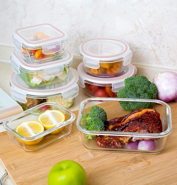 Bayco Glass Storage Containers with Lids, 9 Sets Glass Meal Prep Containers Airtight, Glass Food Storage Containers, Glass Containers for Food Storage with Lids - BPA-Free & Leak Proof(Pink)