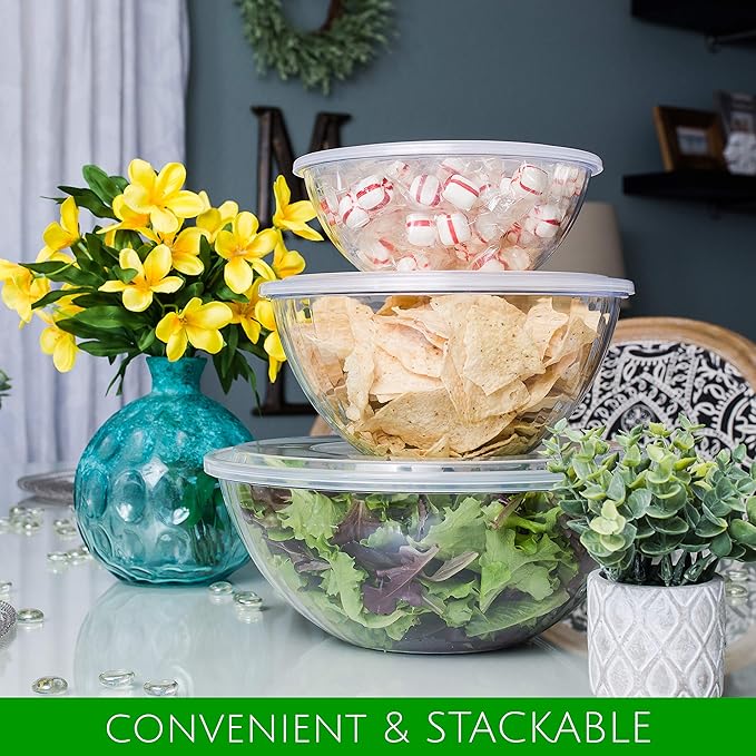 PLASTICPRO Disposable 96 Ounce Round Crystal Clear Plastic Serving Bowls With Lids, Party Snack or Salad Bowl, Chip Bowls, Snack Bowls, Candy Dish, Salad Container Pack of 8