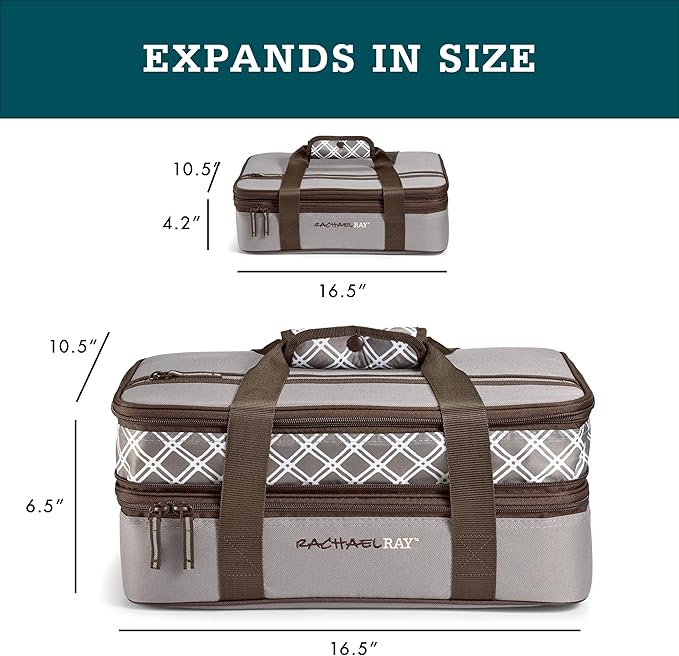 Rachael Ray Expandable Insulated Casserole Carrier for Hot or Cold Food, Thermal Lasagna Lugger Tote for Potluck, Parties, Picnic, and Cookouts, Fits 9" x 13" Baking Dish