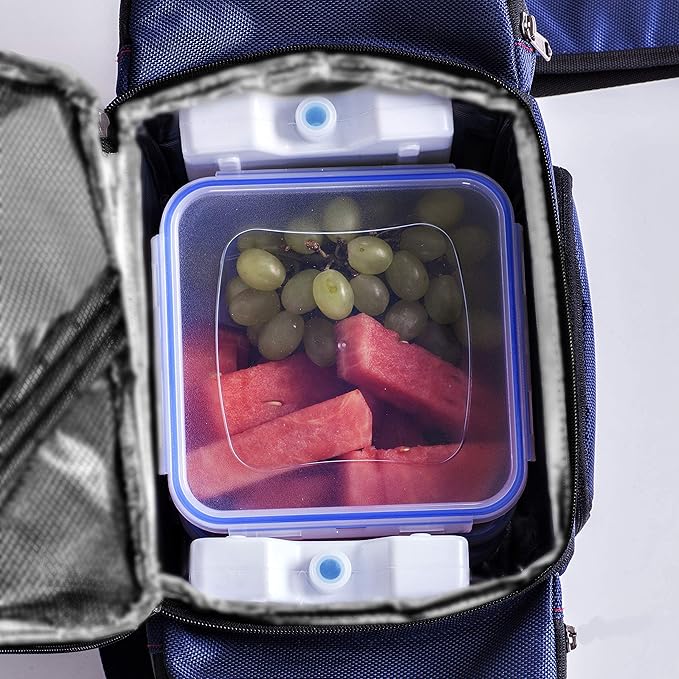 My Daily Meal Plan Navy Blue 45 Oz. Insulated Lunch Bag/Box For Men, Women + 3 Large Food Containers + 2 Big Reusable Ice Packs + Shoulder Strap + Shaker With Storage