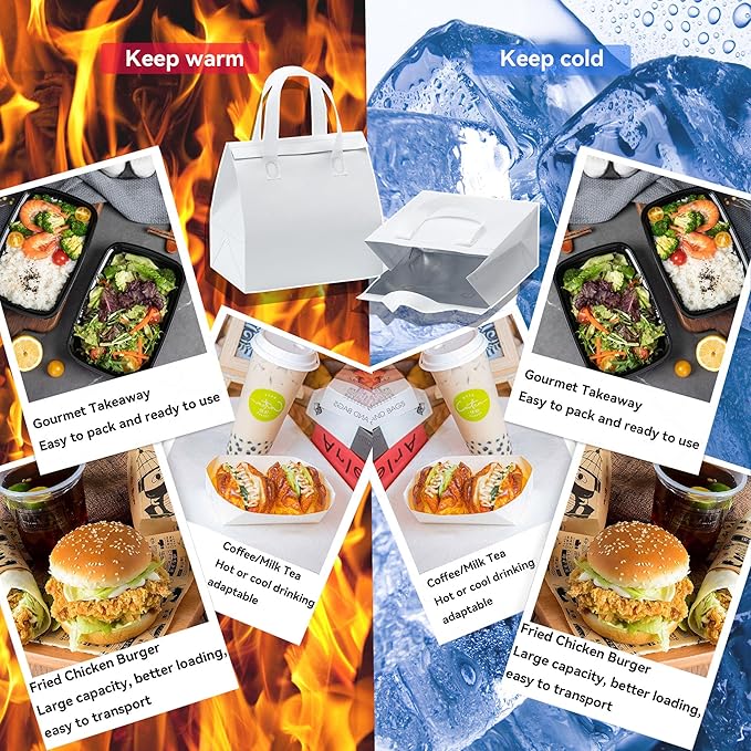 12 Pcs Insulated Take Away Bags, Disposable Lunch Bags For Food Takeaways, Coffee, Milk Tea, Seafood, Pizza, For Restaurants And Grocery Shops 9.5 x 6 x 10 In (white)