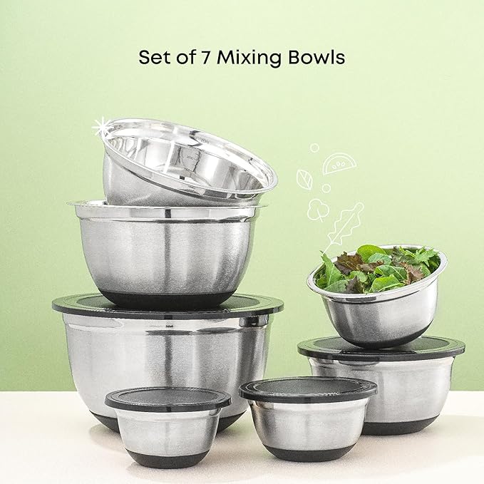 JoyJolt Stainless Steel Mixing Bowls with Airtight Lids, 7 Piece Nesting Bowls Set for Kitchen with Measurement Marks, Non-Slip Bottoms, Cooking, Baking, Prepping, Storage, 7/5/4/3/1.5/1/.75QT, Black