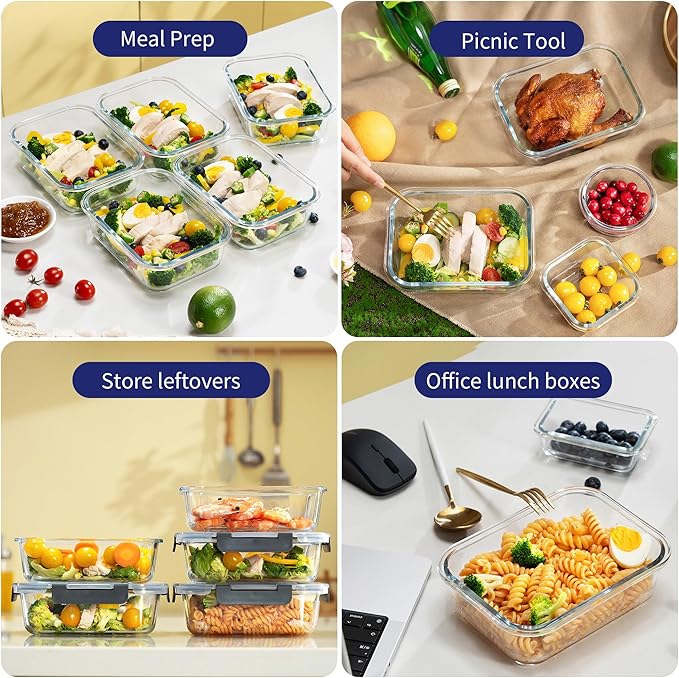 MFY 12-Pack Glass Storage Containers with Lids, Glass Meal Prep Containers Set, Airtight Lunch Containers with Lids, Microwave, Oven, Freezer and Dishwasher Safe, White