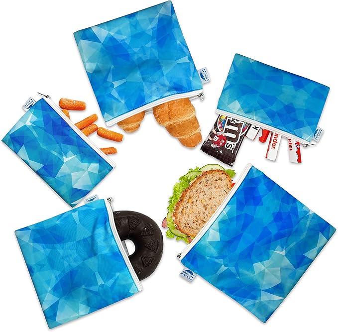 Nordic By Nature Reusable Sandwich Bag Snack Bags - Value Pack of 5 Dual Layer Lunch Baggies - Dishwasher Safe - Eco Friendly Cloth Wraps - Easy Open Zipper (Blue Ice)