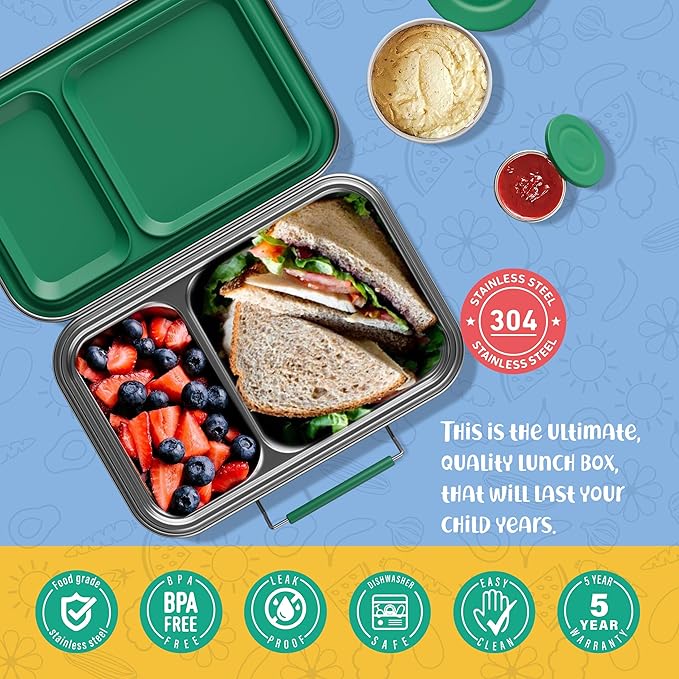 Stainless Steel Lunch Box for Kids, Leak Proof Bento Lunch Box BPA Free 304 Stainless Steel Bento Box Stainless Bento Box with Containers for School and Office(Green)
