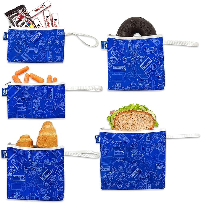 Nordic By Nature Reusable Sandwich Bag Snack Bags - Value Pack of 5 Dual Layer Lunch Baggies - Dishwasher Safe - Eco Friendly Cloth Wraps - Easy Open Zipper (Gamer Blue)