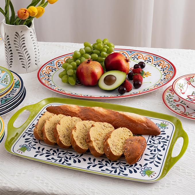 Melamine Serving Platter, Set of 2,Talavera Melamine Large Serving Tray,19''x8'' Rectangular and 18''x14'' Oval Platter set. Multi-Color