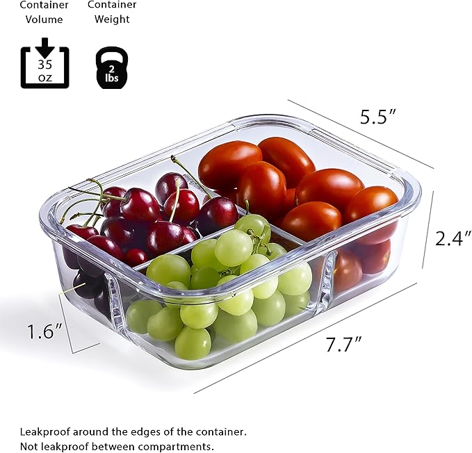 Glass Meal Prep Containers - 4-Pack 35 Oz. 3 Compartment Bento Box Lunch Containers | Bento Lunch Box Portion Control Containers | 3 Compartment Food Containers