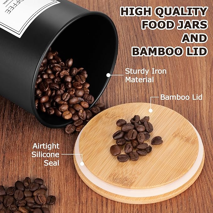 Canisters Sets for Kitchen Countertop, Black Metal Kitchen Canisters Set of 4, Flour and Sugar Storage Containers with Airtight Bamboo Lid and Stickers, Coffee and Tea Storage, Farmhouse Decor