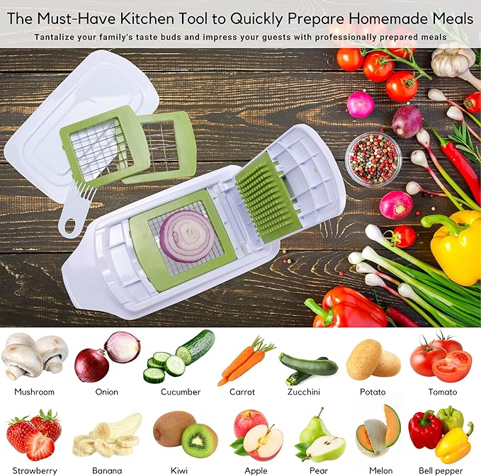 Brieftons QuickPush Food Chopper: Strongest & 200% More Container Capacity, 30% Heavier Duty, Fruit & Vegetable Chopper, Onion Chopper Vegetable Cutter, with 3 Dicer Blades & Keep-Fresh Lid, 5 Ebooks