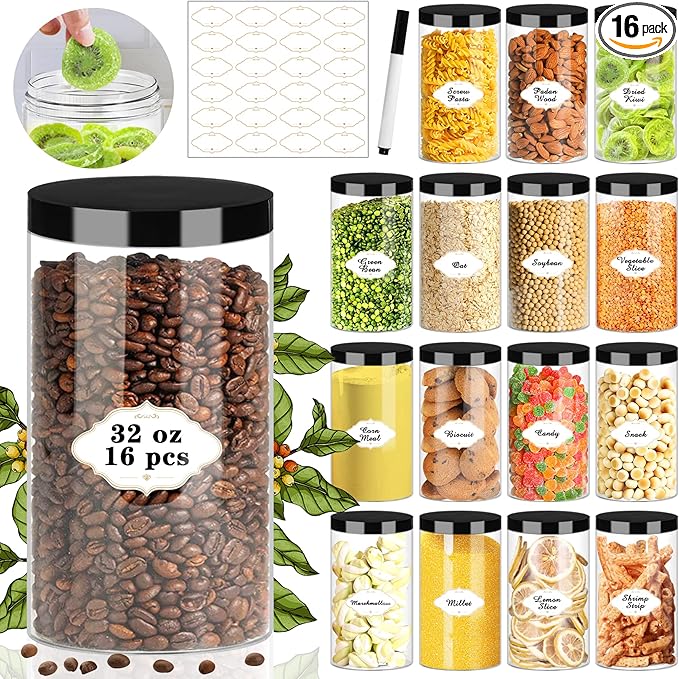 Plastic Jars with Lids, 16 Pcs 32 OZ Large Plastic Storage Jars with Black Leakproof Lids Cylinder Plastic Storage Container Jar Reusable Clear Empty Jars for Home and Kitchen Organizing