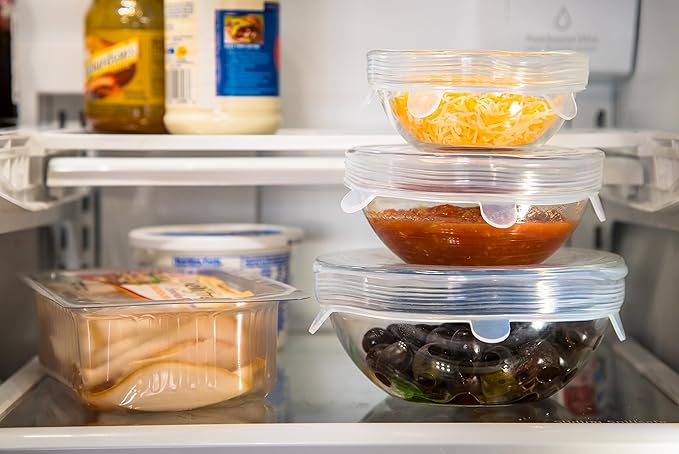 Modfamily Silicone Stretch Lids (7 pack, includes EXCLUSIVE XL SIZE), Reusable, Durable & Expandable to Fit Many Container Sizes & Shapes. Superior for Keeping Food Fresh, Dishwasher & Freezer Safe
