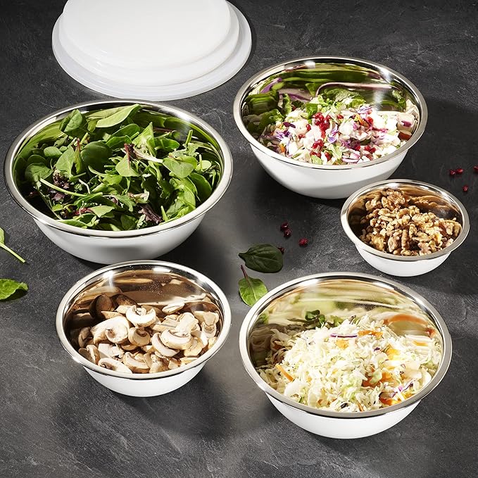 WHYSKO Stainless Steel Mixing Bowl Set, 10 Piece Stainless Steel Mixing Bowls with Lids Set for Food Prep Storage and Serving, Dishwasher Safe Microwave Safe for Kitchen Baking Cooking, White