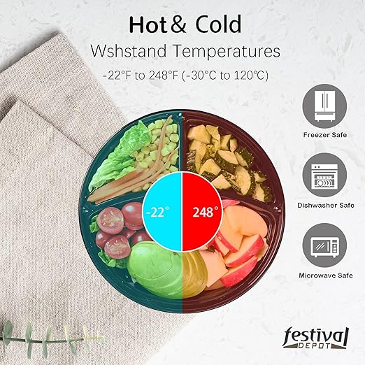 150 Pack Meal Prep Containers, 33 OZ Round Bento Box, 3 Compartment Divided Food Storage Durable Stackable Reusable, BPA Free, For Microwave, Dishwasher, Freezer(150 Trays & 150 Lids)