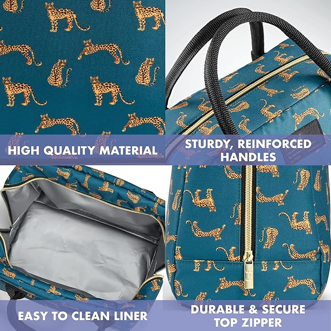 Fit & Fresh Lunch Bag For Women, Insulated Womens Lunch Bag For Work, Leakproof & Stain-Resistant Large Lunch Box For Women With Containers, Ice, Zipper Closure Bloomington Lunch Bag, Teal Cheetah