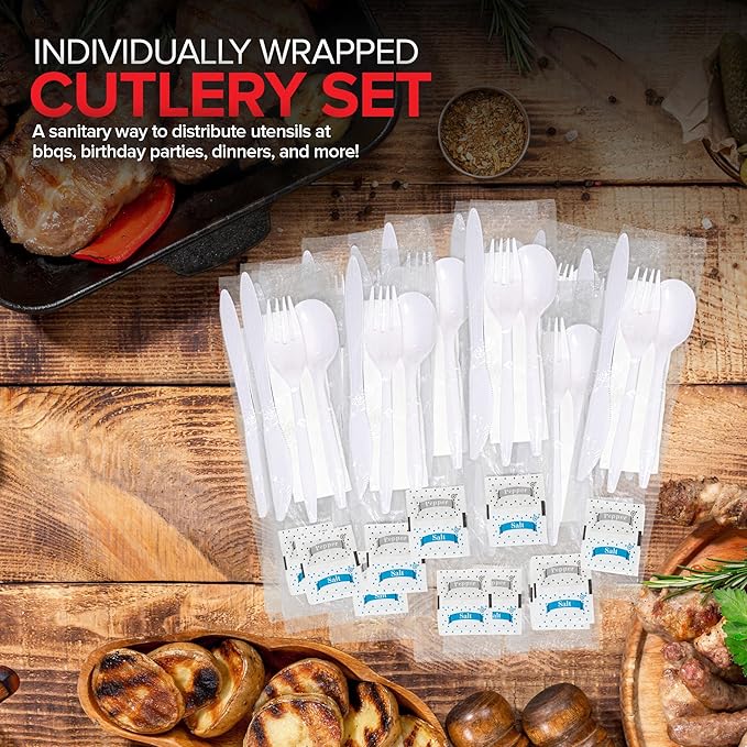 Individually Wrapped Plastic Cutlery Set with Napkin + Salt & Pepper Packets in White (250 Count) Prewrapped Disposable Silverware Bags, Bulk Utensils: Fork, Knife, and Spoon for Togo Eating