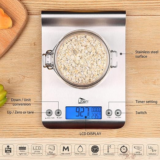 Digital Kitchen Scale Ultra Slim Multifunction Stainless Steel Hook Design Food Scale 11lb 5kg with Back-Lit LCD Display Fingerprint Resistant Coating