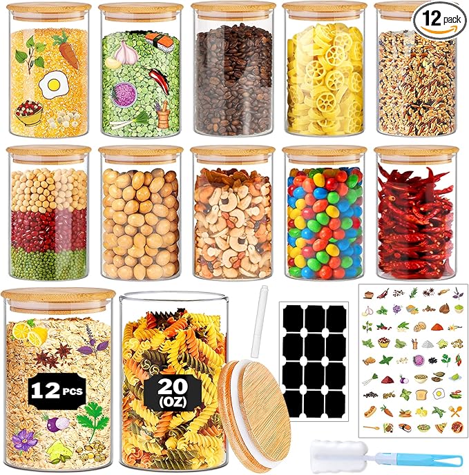 Glass Jars with Bamboo Lids 20 oz, 12 Pcs Stackable Kitchen Glass Pantry Storage Containers with Bamboo Lids for Rice, Candy, Sugar, Flour, Nuts, Cookie, Bean