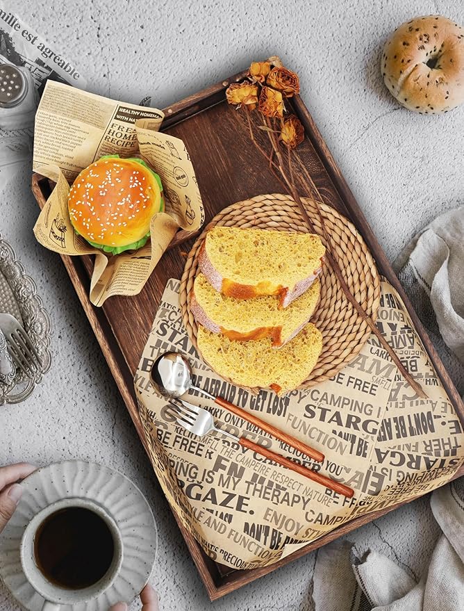 OTOPETE 300Pcs Food Paper Sheets, 12"x12" Greaseproof Paper Sheets, Three Patterns Kraft Paper, Food Basket Liner, Tray Liner, Wrapping Bread Hamburger Sandwiches, for Family, Bakery, Picnic, Party