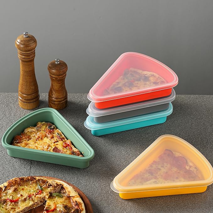 2-Pack Reusable Silicone Leftover Pizza Slice Storage Container with Air-tight Lids-BPA Free,Fits Single Slice up to 16”,Save Space,Refrigerator organizer(2 Red)