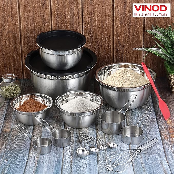 Vinod Cookware Heavy Duty Flat Bottom Stainless Steel Mixing Bowls with Lids, Measuring Cups, Measuring Spoons, Spatula & Stainless Whisk - Bowls for Meal Prep, Cooking, Mixing & Serving - Set of 5