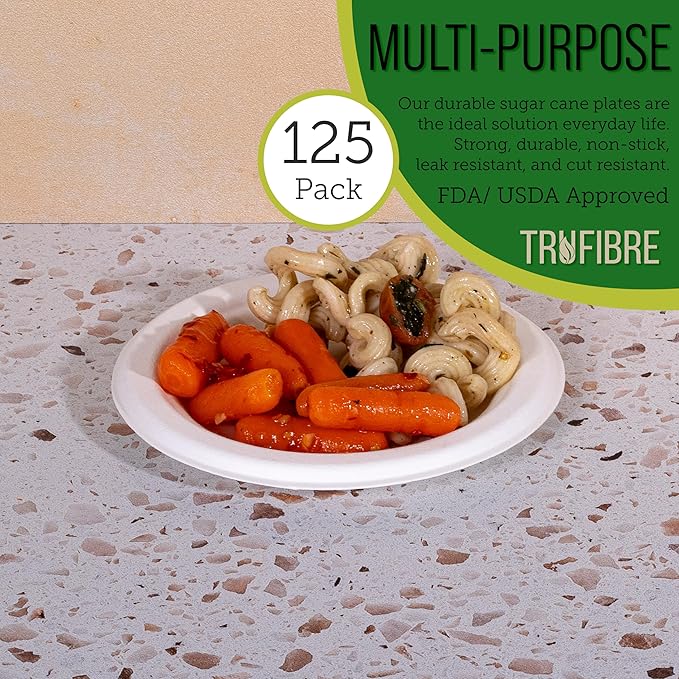 6" Paper Plates, Compostable Bagasse Food Container, Disposable, Microwave Safe for Lunch, Dinner, Party, Supplies, Events, Bulk, 125 Pack