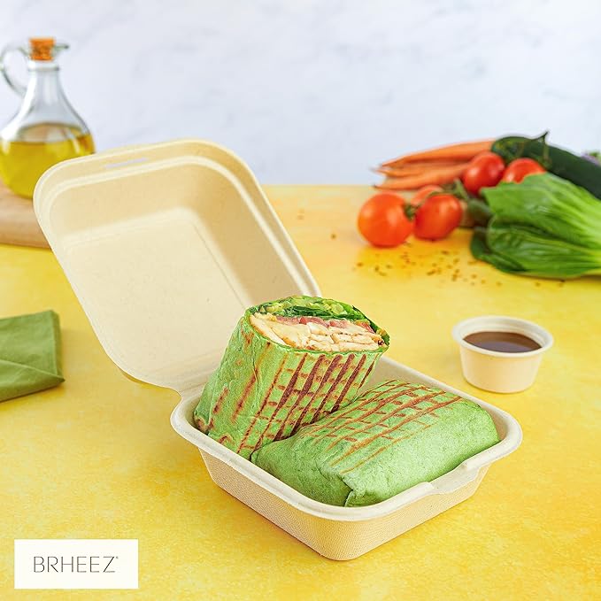 brheez Disposable Clamshell To-Go Containers – Bagasse Fiber Biodegradable Containers with Lids for Takeout, Parties, & Holidays – Pack of 50 Chemical-Free, 1-Compartment Boxes, 6"x6", Natural