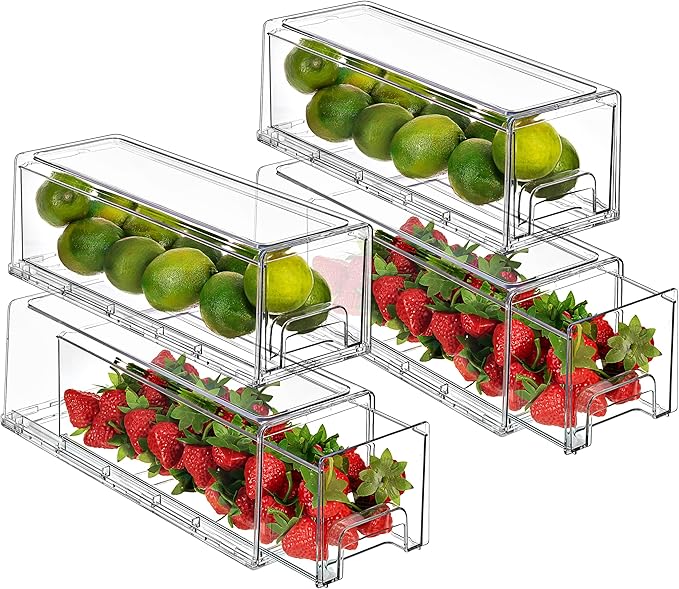 Sorbus Small Wide Clear Storage Drawers (4 Pack) – Stackable Pull-Out Storage Bins for Fridge, Pantry, and Cabinet Organization – Acrylic Drawer Organizers
