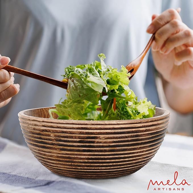 Mela Artisans 12'' Wooden Fruit Bowl, Large Serving Bowl for Salads, Cereals, Snacks & Mixing | Decorative Bowls for Kitchen | Darma Valley Collection