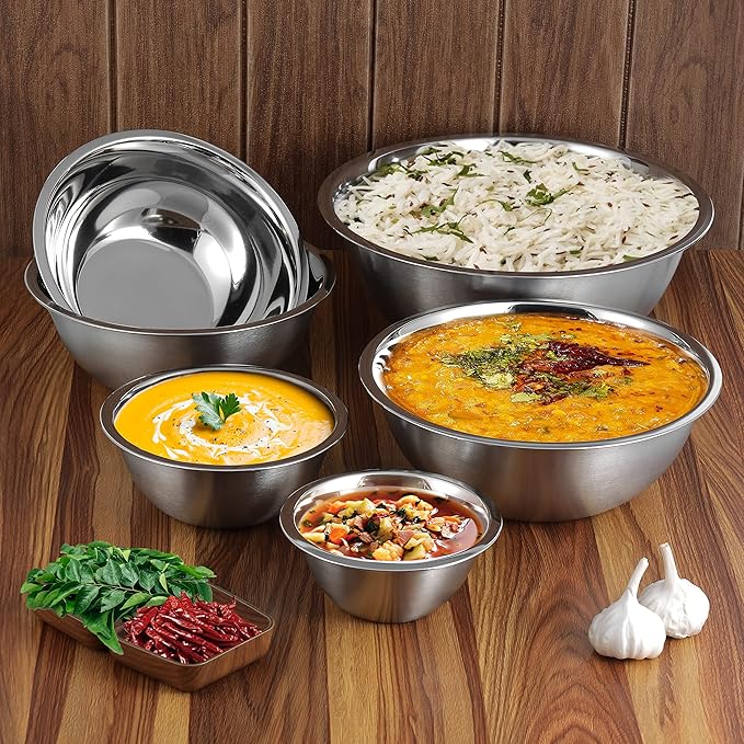 Vinod Cookware Stainless Steel Mixing Bowls - Stackable Mixing Bowl Set - Heavy Duty Flat Bottom Stainless Steel Bowls for Meal Prep, Cooking, Mixing & Serve - Space Saving & Easy Clean - Set of 6