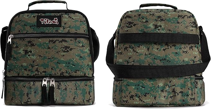 Tilami Lunch Bags Insulated Adjustable Strap Zipper, Two Compartments Cooler Bags, Bento Bags for Kids Toddlers (Camouflage)