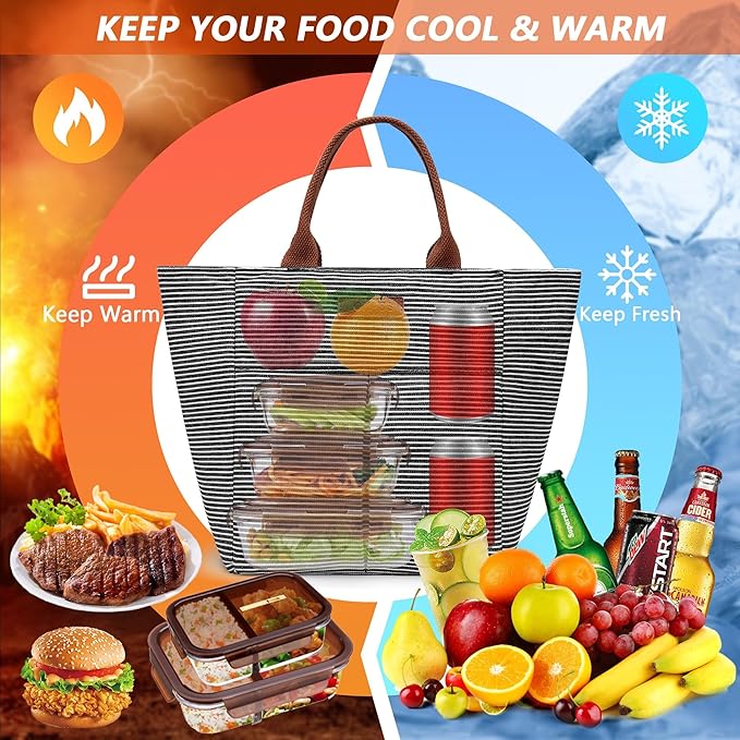LOKASS Lunch Bag Women Insulated Lunch Box, Wide-Open Lunch Tote Bag Leak-proof Cooler Bag for Work Picnic- (Stripe)