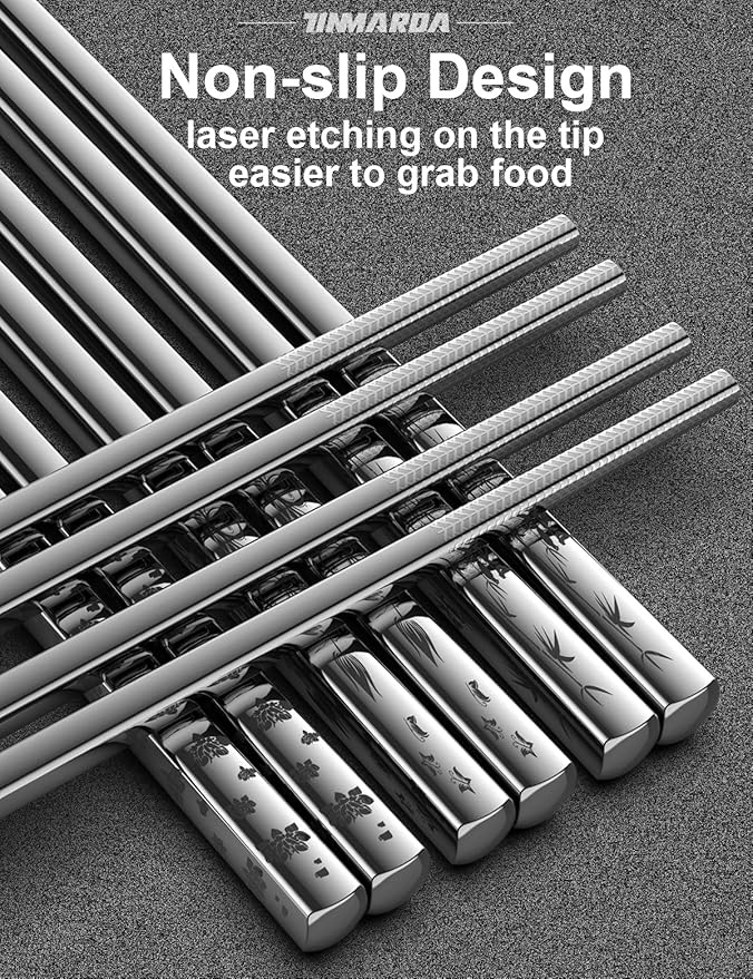 Metal Chopsticks Reusable 5 Pairs 18/8 Stainless Steel Chopstick Beautiful Engraving Patterns Dishwasher Safe Non-Slip Japanese Korean Chop Sticks Present Set