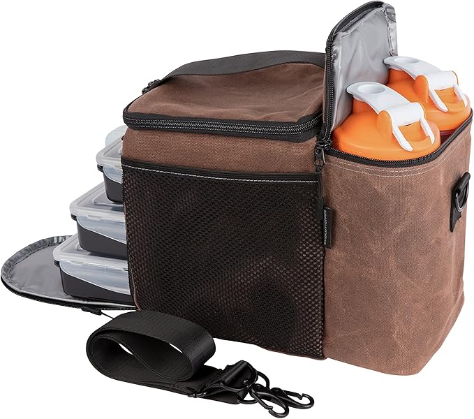 EVOLUTIONIZE Meal Prep Bag - Full Meal Prep Lunch Box Management System includes Portion Control Meal Prep Containers + Ice Pack (3 Meal Insulated Cooler Bag, Black) (3 Meal, Brown (Waxed Canvas))