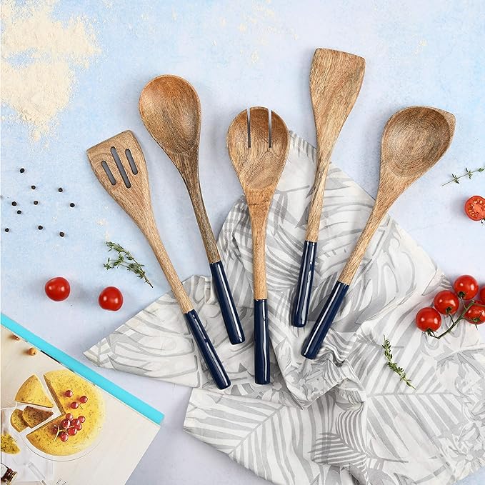 Folkulture Wooden Spoons for Cooking | 12" Premium Acacia Wooden Utensil Set of 5 - Smooth Finish, Soft Comfort Cooking Utensils Set for Kitchen, Gifts | Non Stick Wooden Cooking Utensils Set of 5