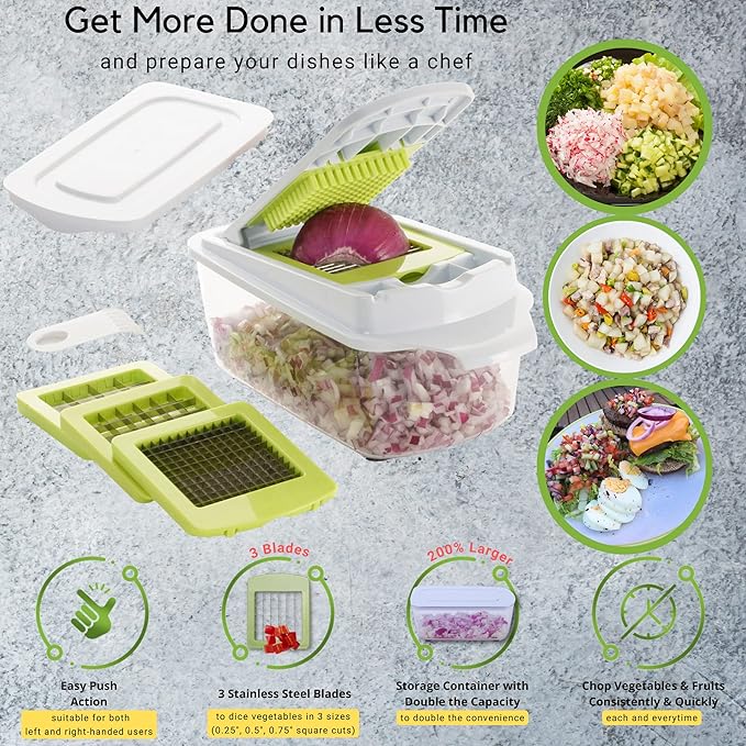 Brieftons QuickPush Food Chopper: Strongest & 200% More Container Capacity, 30% Heavier Duty, Fruit & Vegetable Chopper, Onion Chopper Vegetable Cutter, with 3 Dicer Blades & Keep-Fresh Lid, 5 Ebooks