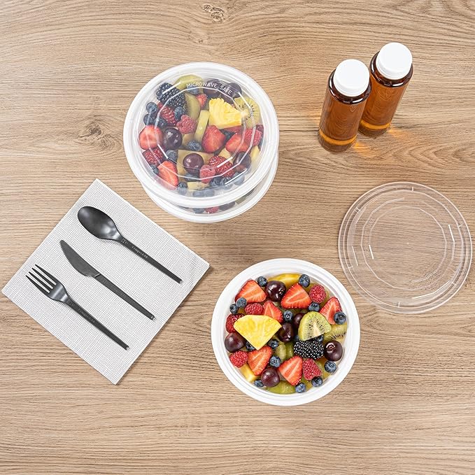 Restaurantware Asporto 32 Ounce To Go Boxes 100 Microwavable Take Out Food Containers - Clear Plastic Lids Included Do Not Contain BPA White Plastic Catering Food Containers Disposable Round