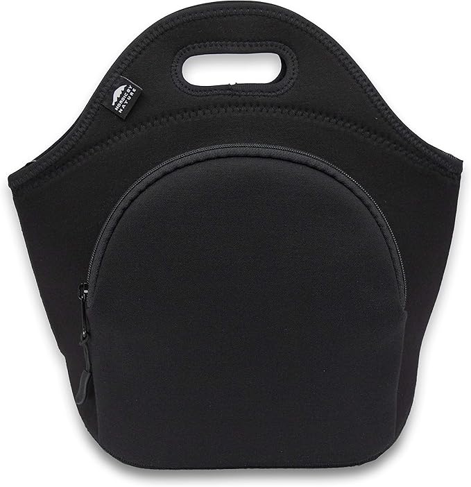 Nordic By Nature Large Neoprene Lunch Bag for Women & Lunch tote for Kids Insulated Lunch bag Reusable Washable Extra Thick Neoprene & Soft Cotton Feel, Premium Stitching, Outside Pocket, (L) Black